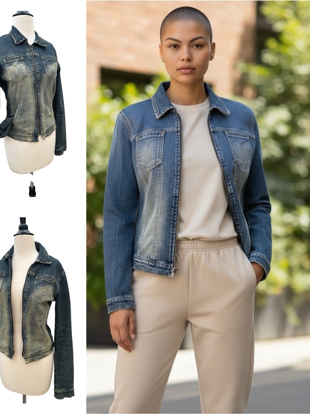 Bisou Bisou Blue Denim Jacket Women’s X-Small Zip Front Faded Collared Utility